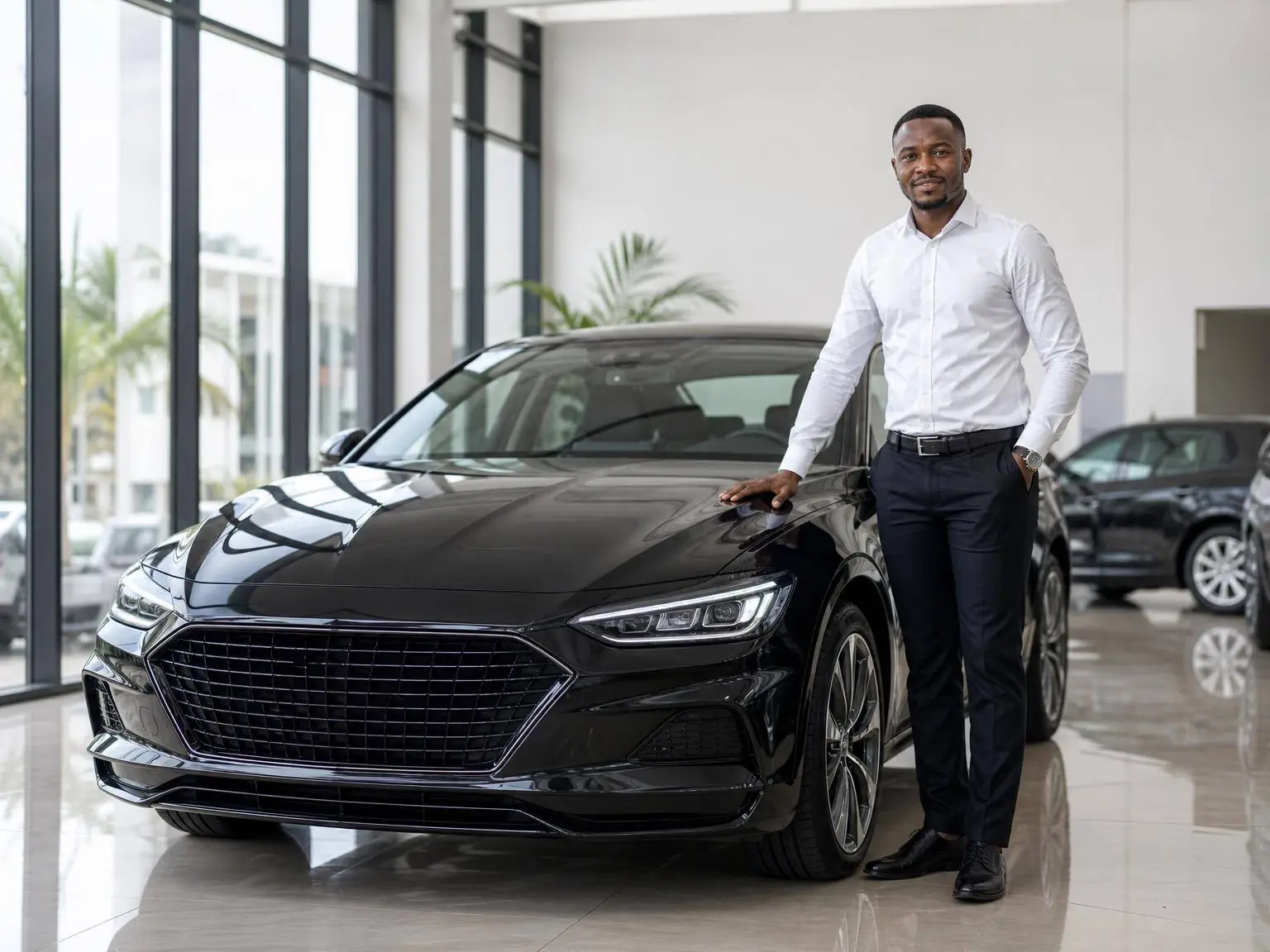 A Nigerian sales representative in a crisp shirt presenting a spotless dark sedan inside Aare Auto's bright Lagos showroom