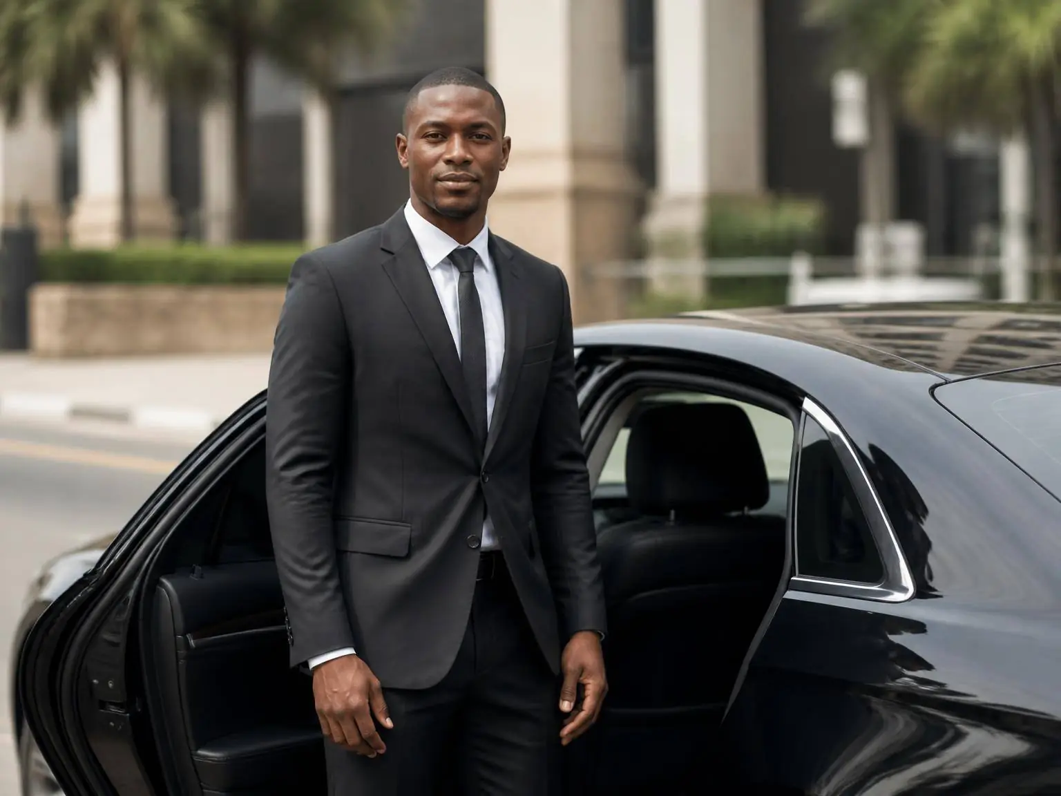 A contract driver in a dark suit standing beside a clean black sedan with the rear door open on a Lagos street