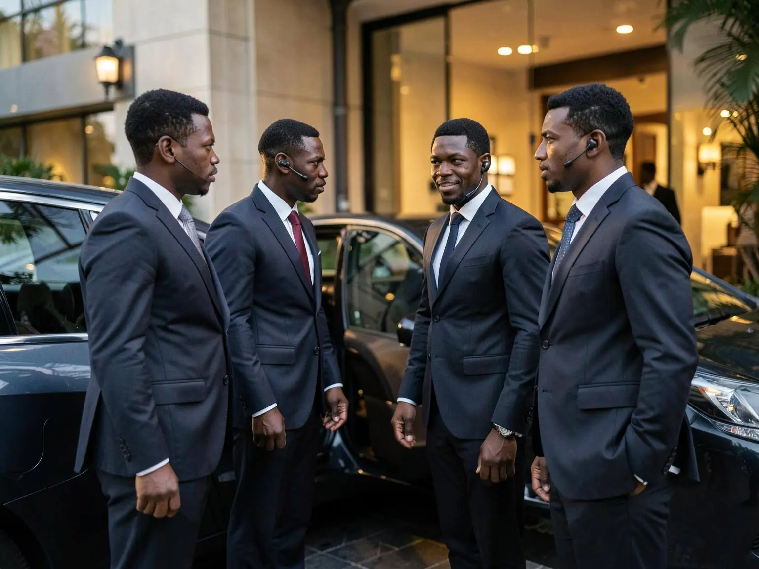 Three close-protection officers in sharp dark suits positioned attentively around a well-dressed client at a car door outside a Lagos hotel at dusk