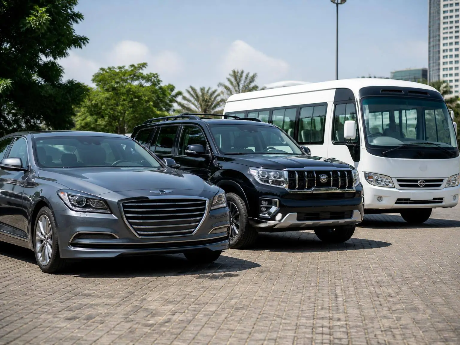 A sedan, an SUV and a white coaster minibus from the Aare Auto rental fleet lined up on a paved lot