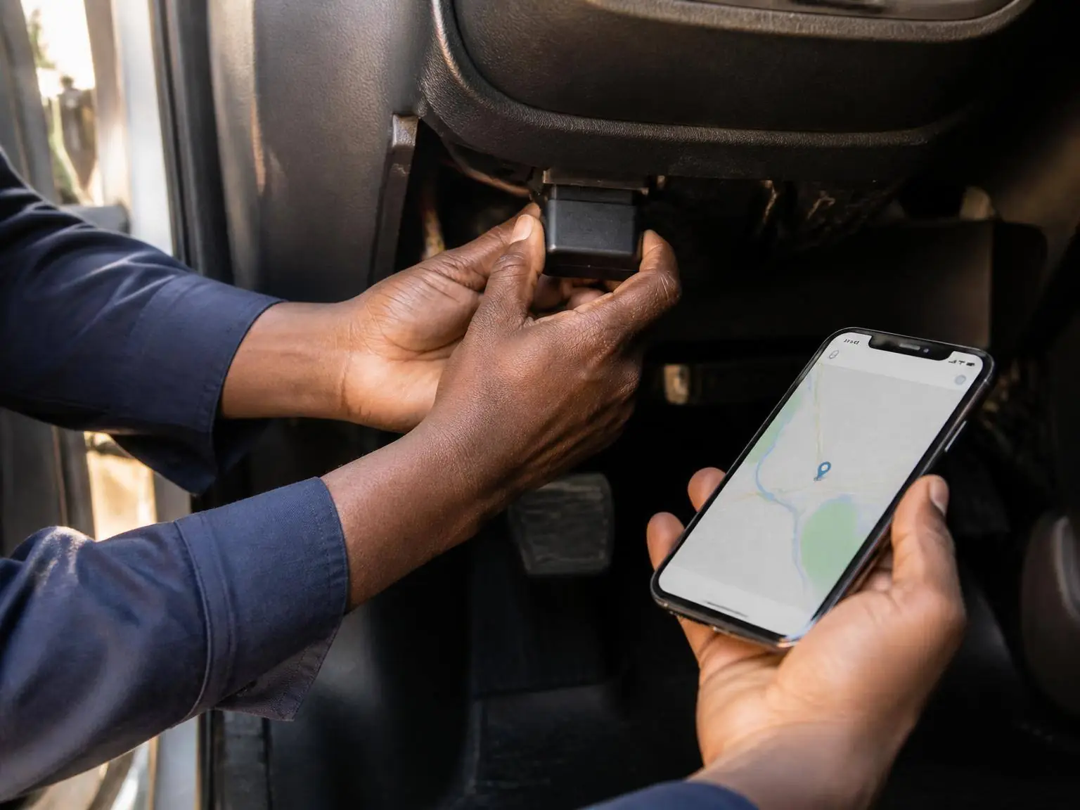 A technician fitting a small GPS tracker under a car dashboard while holding a phone showing a live map